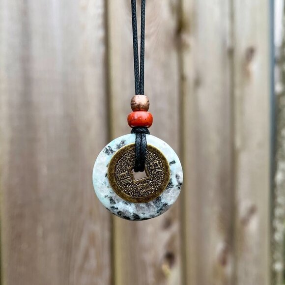 Kiwi Jasper Crystal Gemstone Necklace with Lucky Coin Handmade - Picture 5 of 6